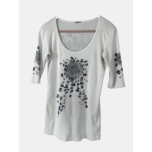 VTG Y2K Top White Scoop Neck Tee Medium 3/4 Sleeve Cotton Boho Fairy Grunge Chic